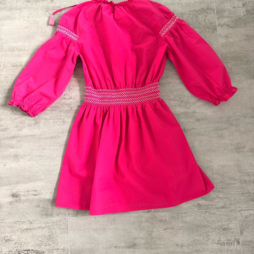 Zara Fuchsia Smocked Poplin Dress Contrast Embroidered Trim Pink Barbie Size XS - Picture 13 of 15